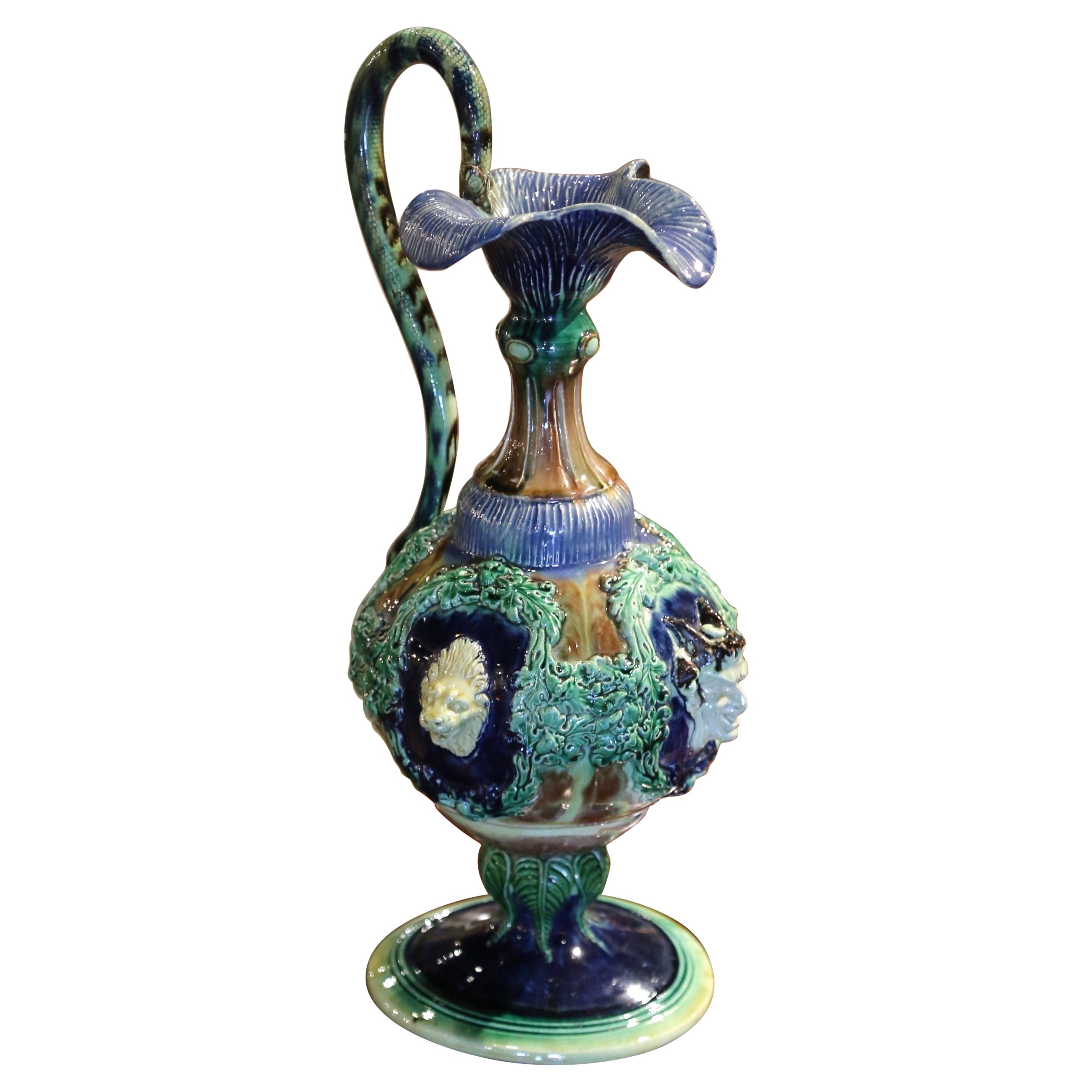 19th Century French Thomas Sergent Hand Painted Faience Barbotine Ewer