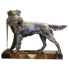 19th Century French Patinated Spelter Hunting Dog and Pheasant on Marble Base