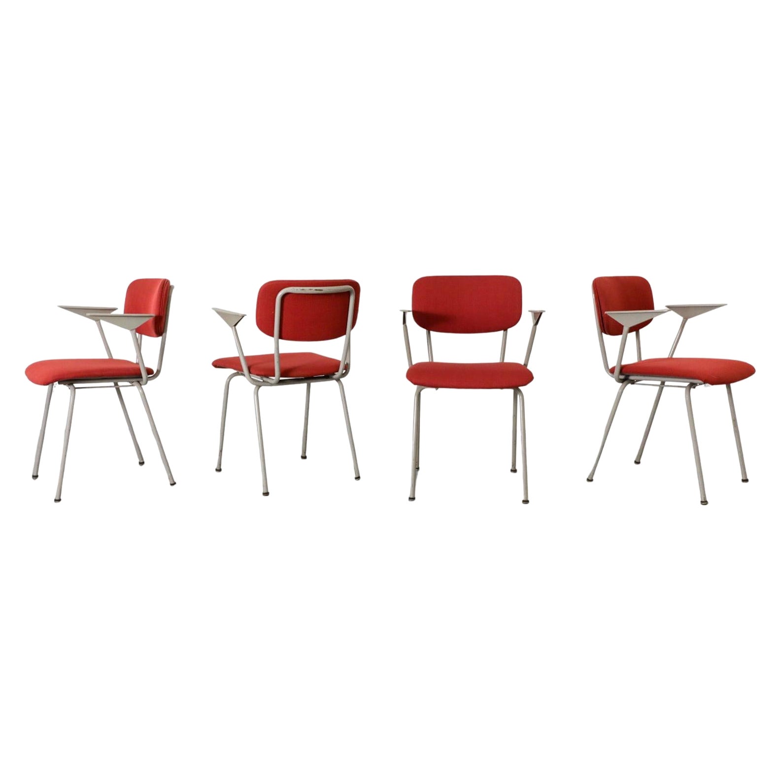 Set of 4 Brick Red Upholstered Ahrend de Cirkel Armchairs with Light Gray Frames