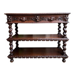 Antique French Carved Oak Server Sideboard Barley Twist Renaissance Bookshelf