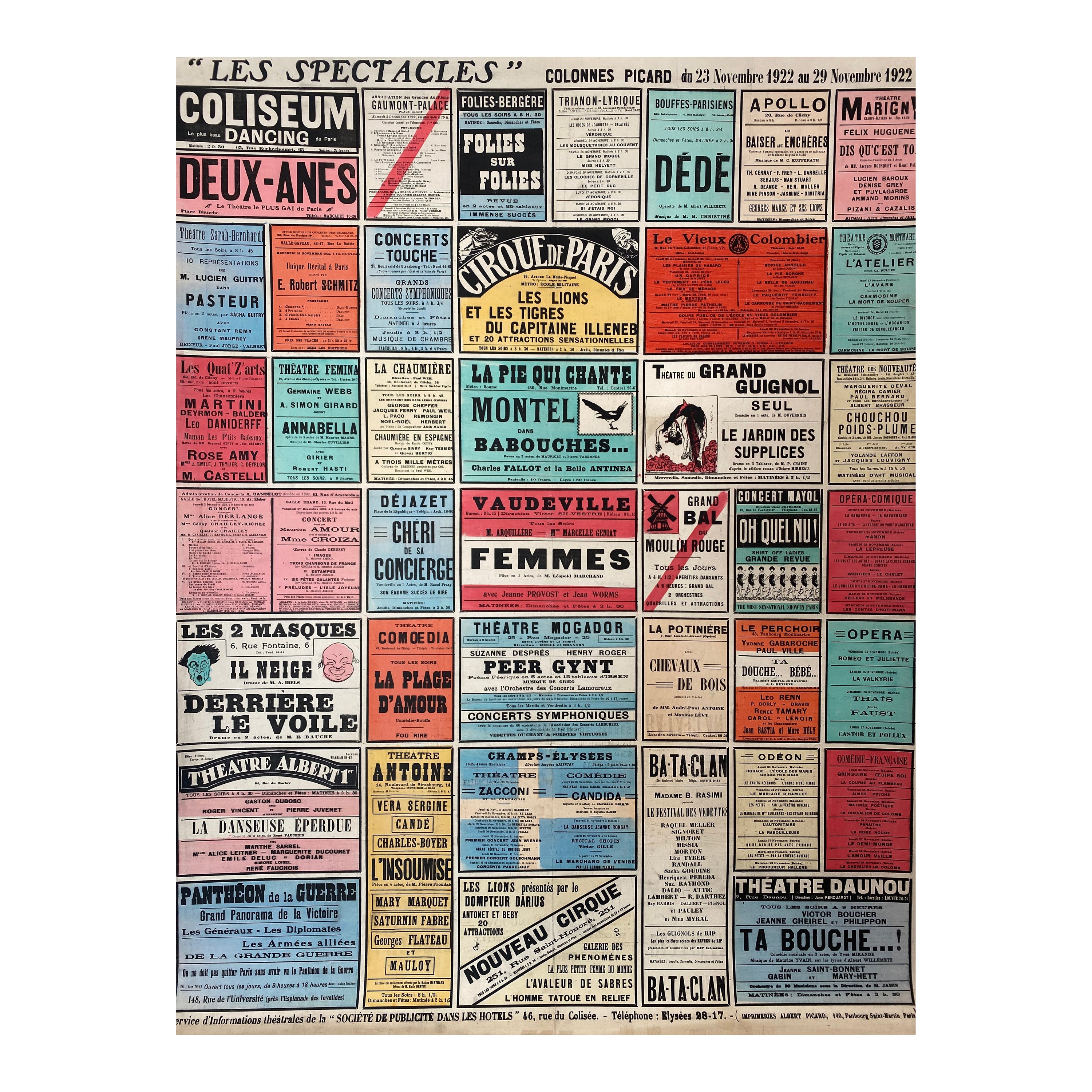 Cartel de teatro original de mediados del siglo XX,  "Les Spectacles" Noviembre de 1922