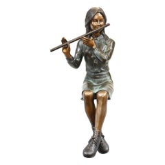 Female Bronze Flute Player Statue Seated Girl Casting