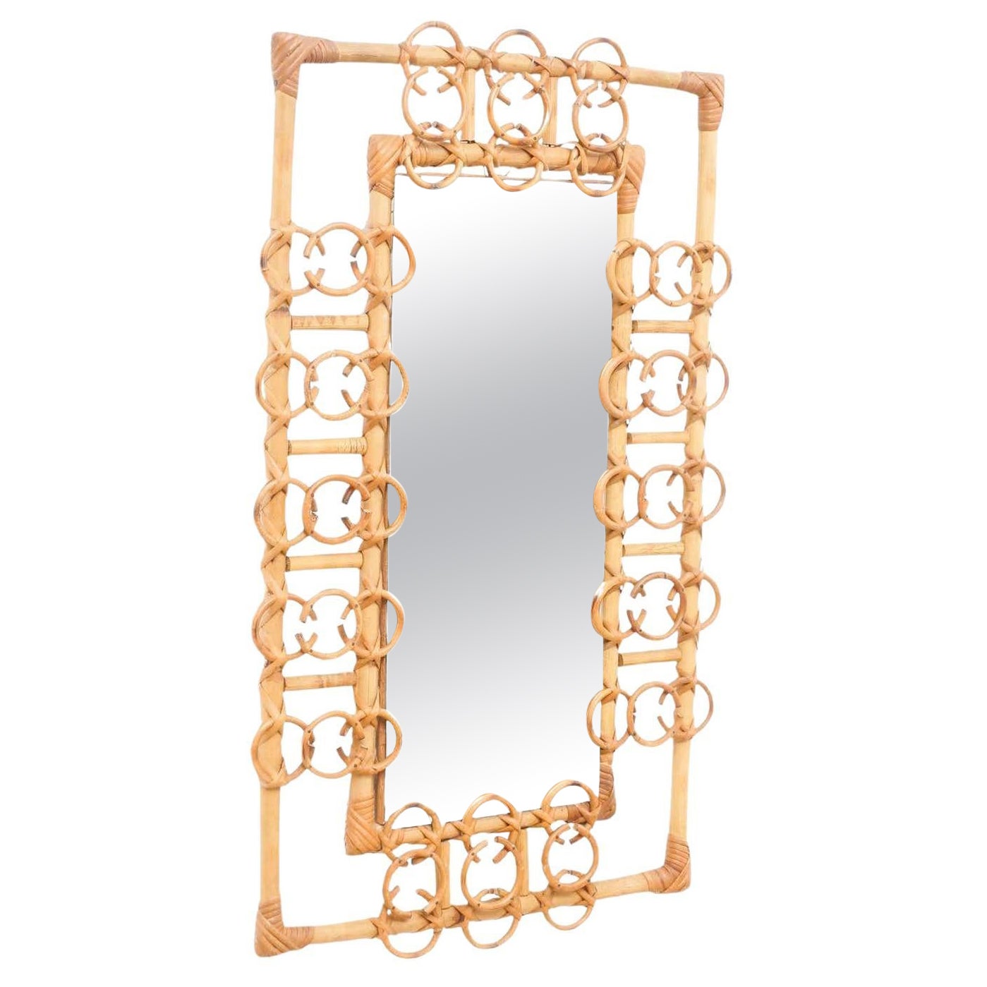 Mid-Century Modern Mirror Bamboo Rattan Handcrafted French Riviera, circa 1960