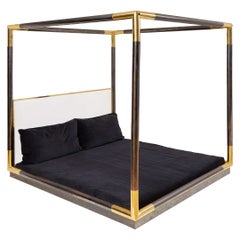 1970s Karl Springer Rare Low King Canopy Bed Frame in Gunmetal, Brass and Lucite