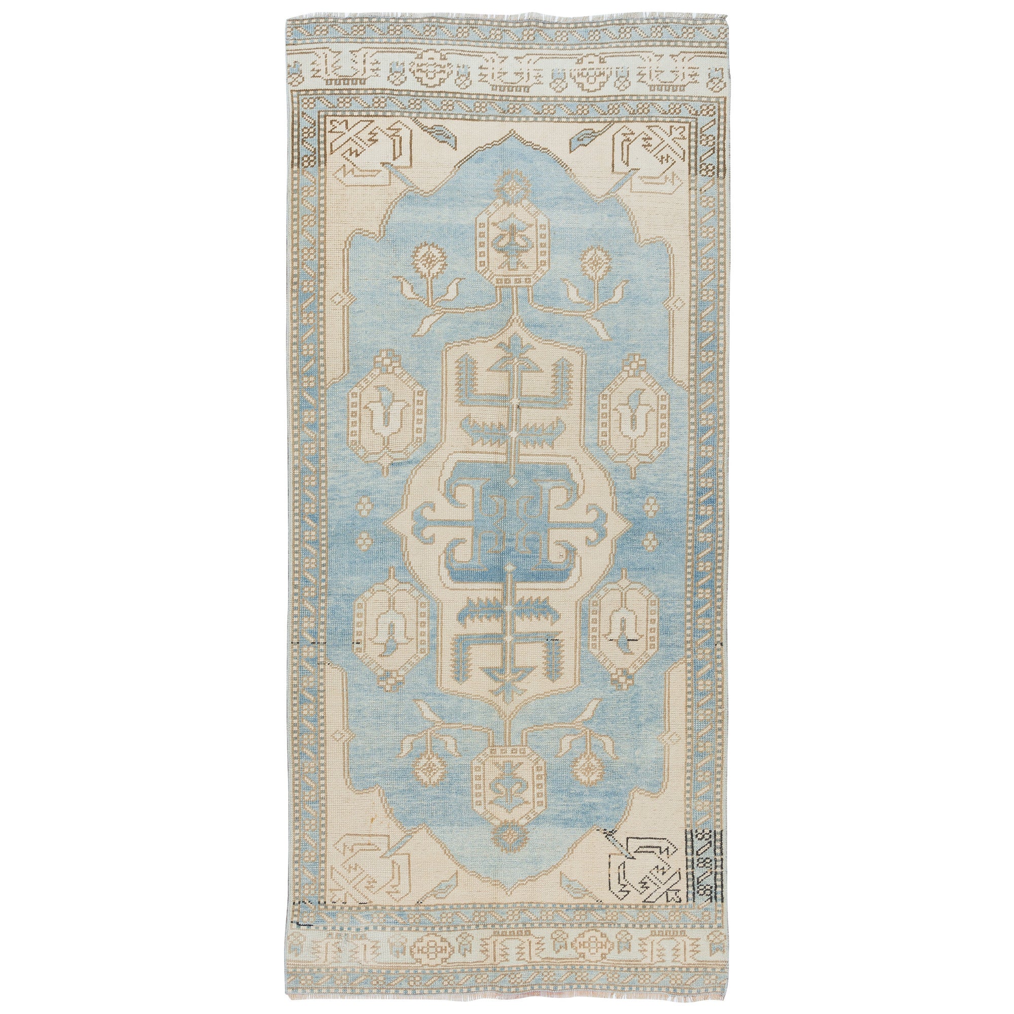 3.8x8.2 Ft Handmade Turkish Area Rug in Light Blue & Beige, 100% Wool