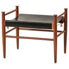 Black Leather and Teak Stool Model "Sudan" by Gillis Lundgren for Ikea, 1960s
