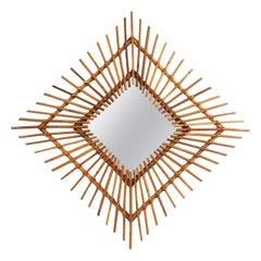 Large Sunburst Rhombus Wall Mirror in Rattan, Spain, 1960s