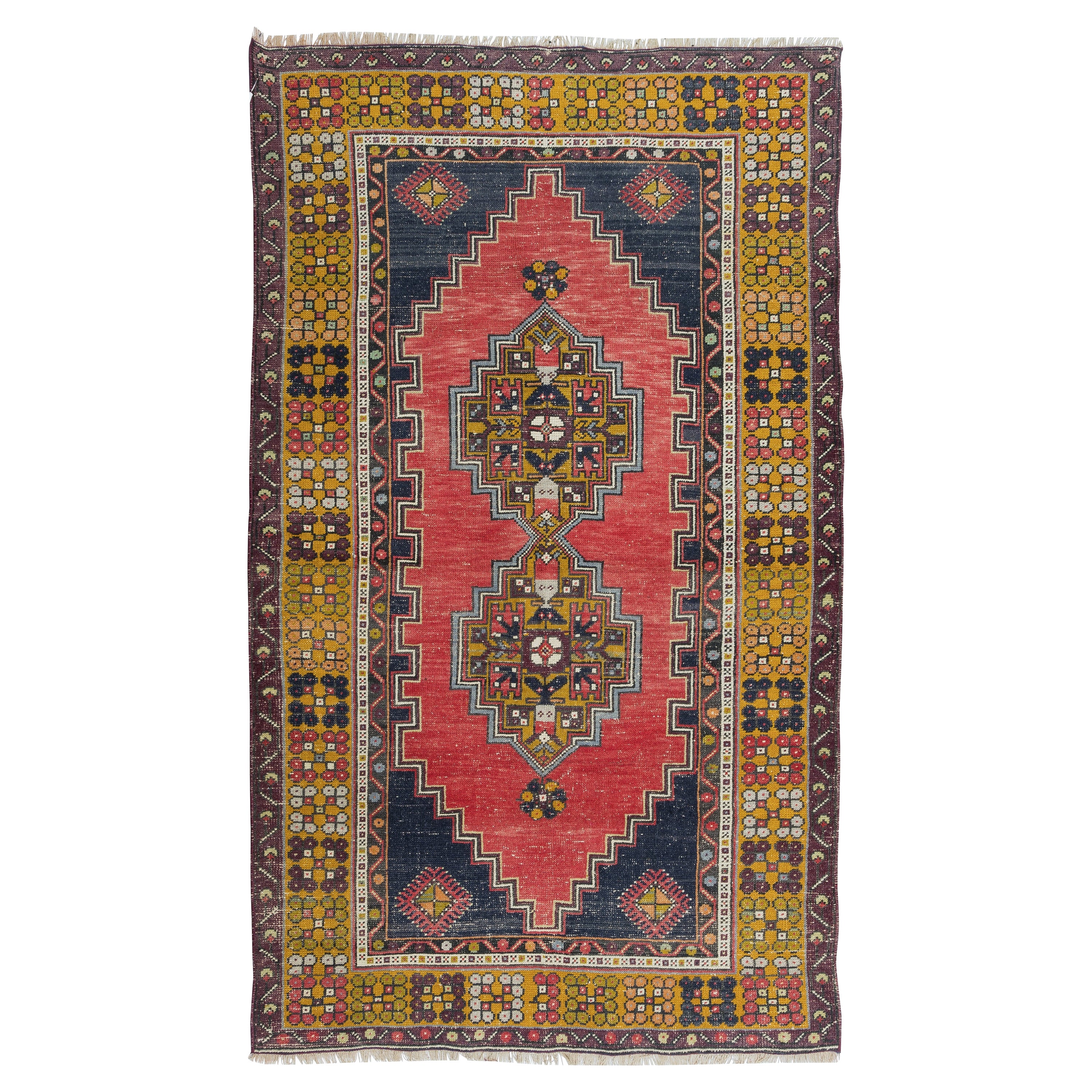 Tappeto orientale vintage fatto a mano 3.7x6.6 Ft in rosso, oro, blu scuro, rosa e verde