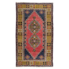 3.7x6.6 Ft Vintage Handmade Oriental Rug in Red, Gold, Dark Blue, Pink and Green