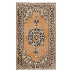 4x6.8 Ft Vintage Hand-Knotted Turkish Oushak Area Rug in Navy Blue and Orange
