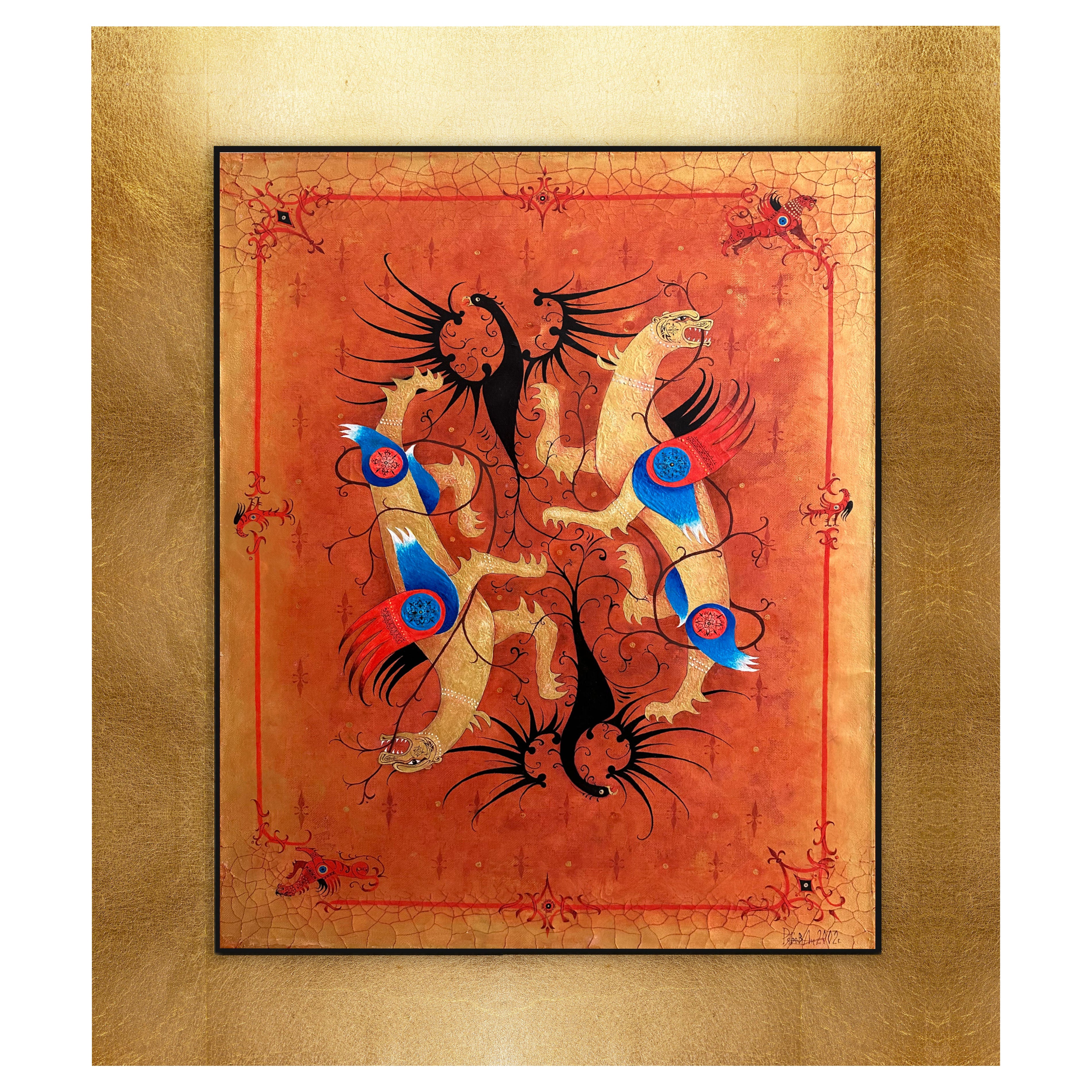 Óleo sobre lienzo Pintura contemporánea en marco de madera pan de oro de 24 quilates 'Luchador contra el tiempo'