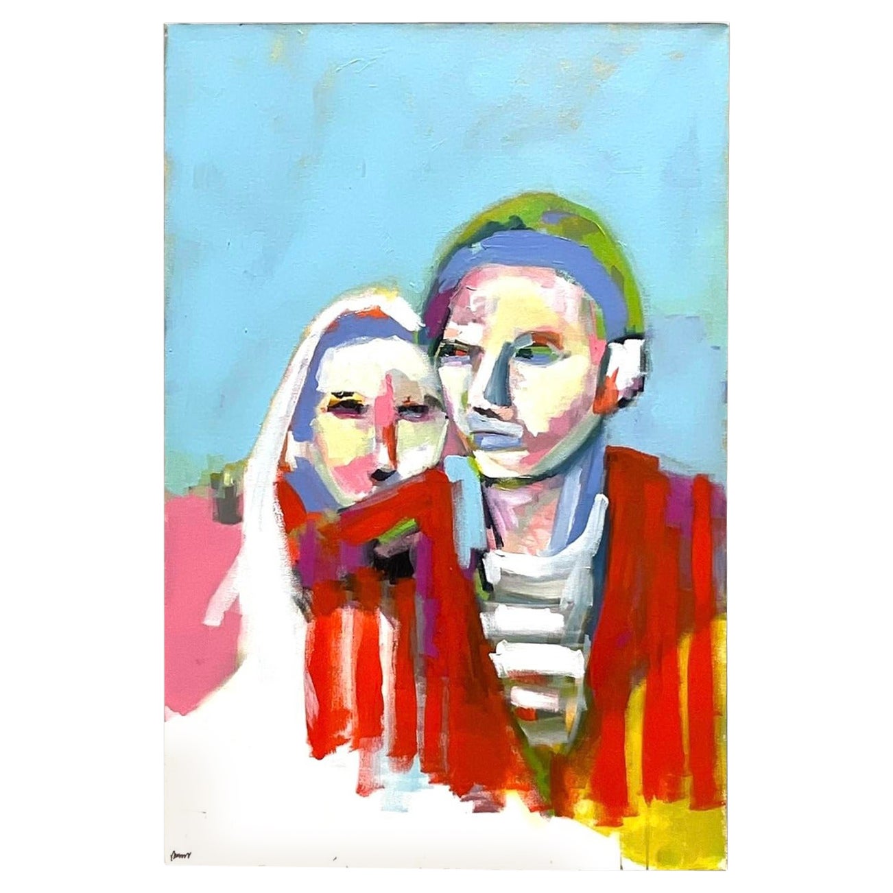 Vintage Boho Abstact Expressionistisches figurales Ölgemälde auf Leinwand, Vintage