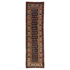 Vintage Kazak Caucasian Wool Runner En Azul Con Diseño Multicolor Allover