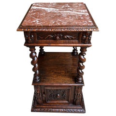 Antique French Side End Table Cabinet BARLEY TWIST Tallado Roble Renacimiento Mármol