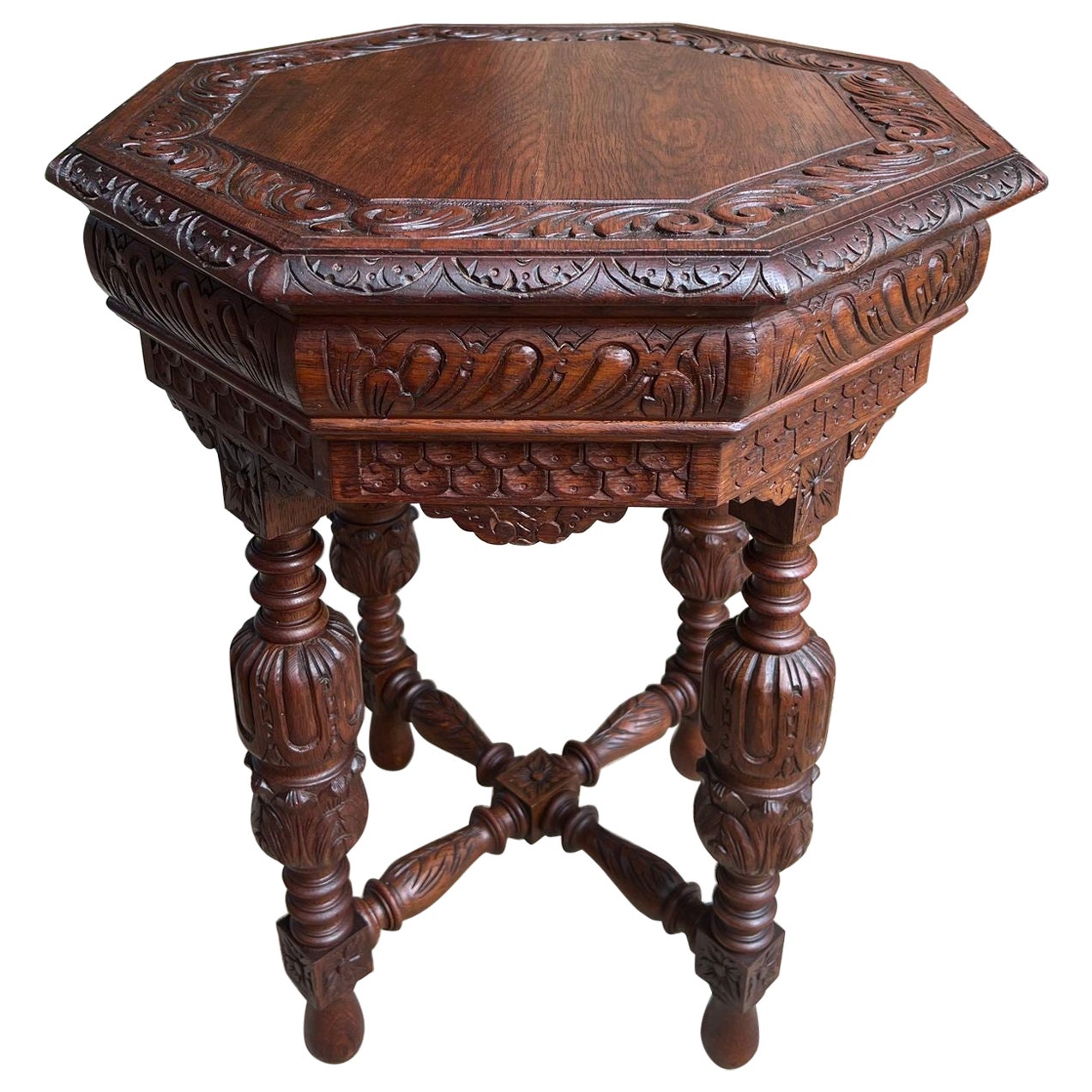 Petite Antique French MESA Auxiliar de Centro Octogonal Renacimiento Roble Tallado
