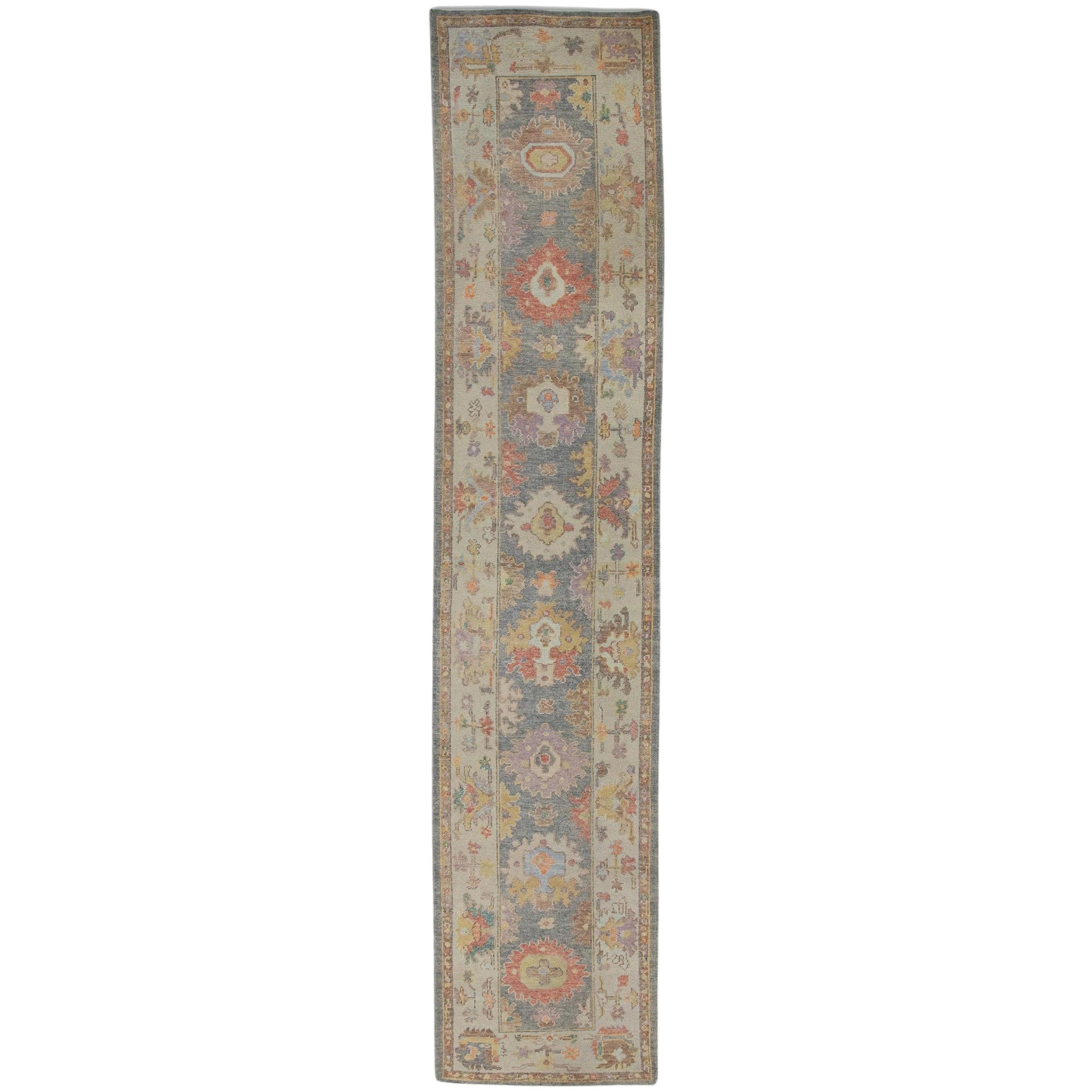 Mehrfarbiger türkischer Oushak-Läufer mit Blumenmuster 3' x 14'3" - Handgefertigter Wollteppich