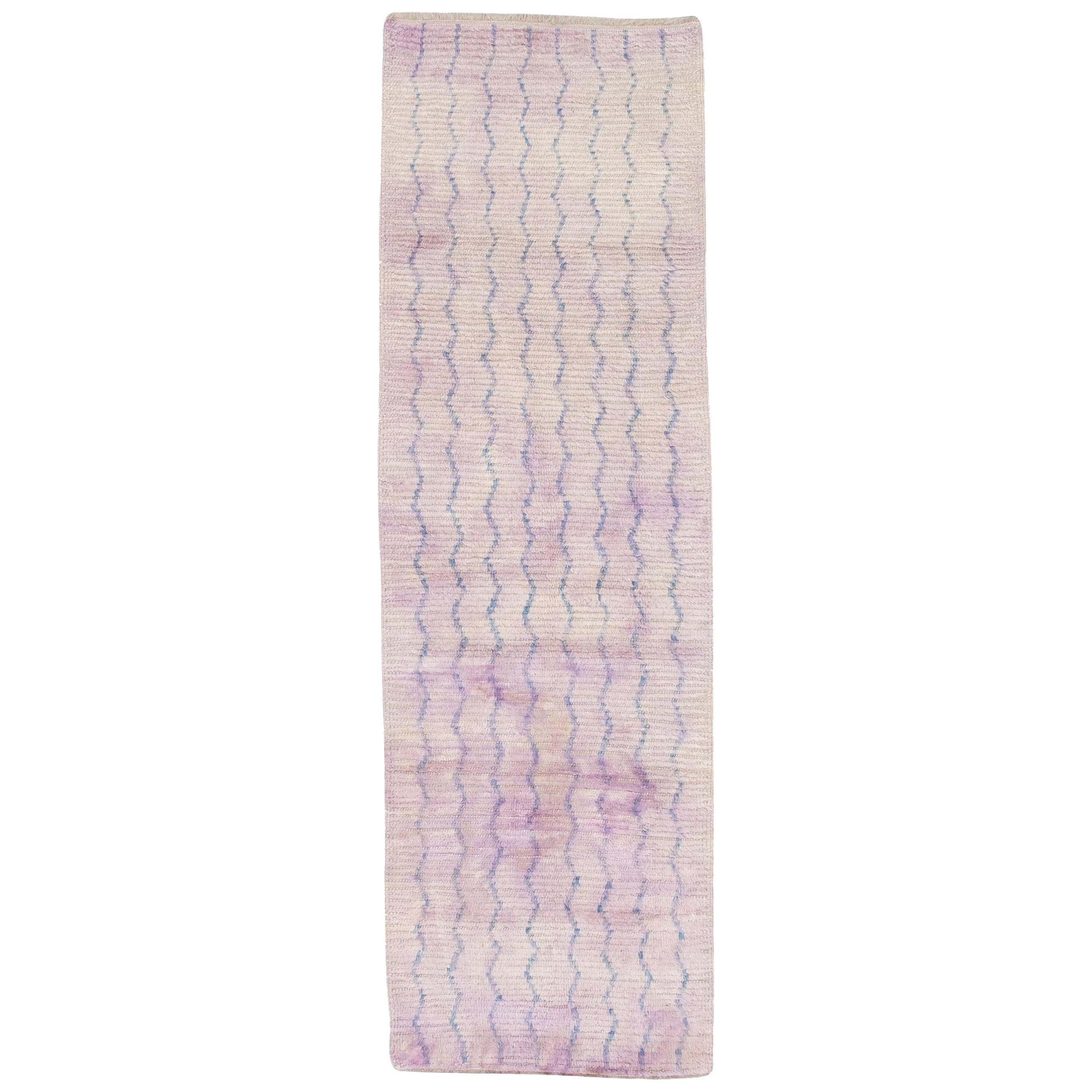 Runner Tulu in lana moderna fatto a mano 2'11" X 9'4" - Rosa e blu geometrico #21 in vendita