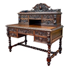 Antique French Desk Library Office Barley Twist Renaissance Revival Oak 19th C