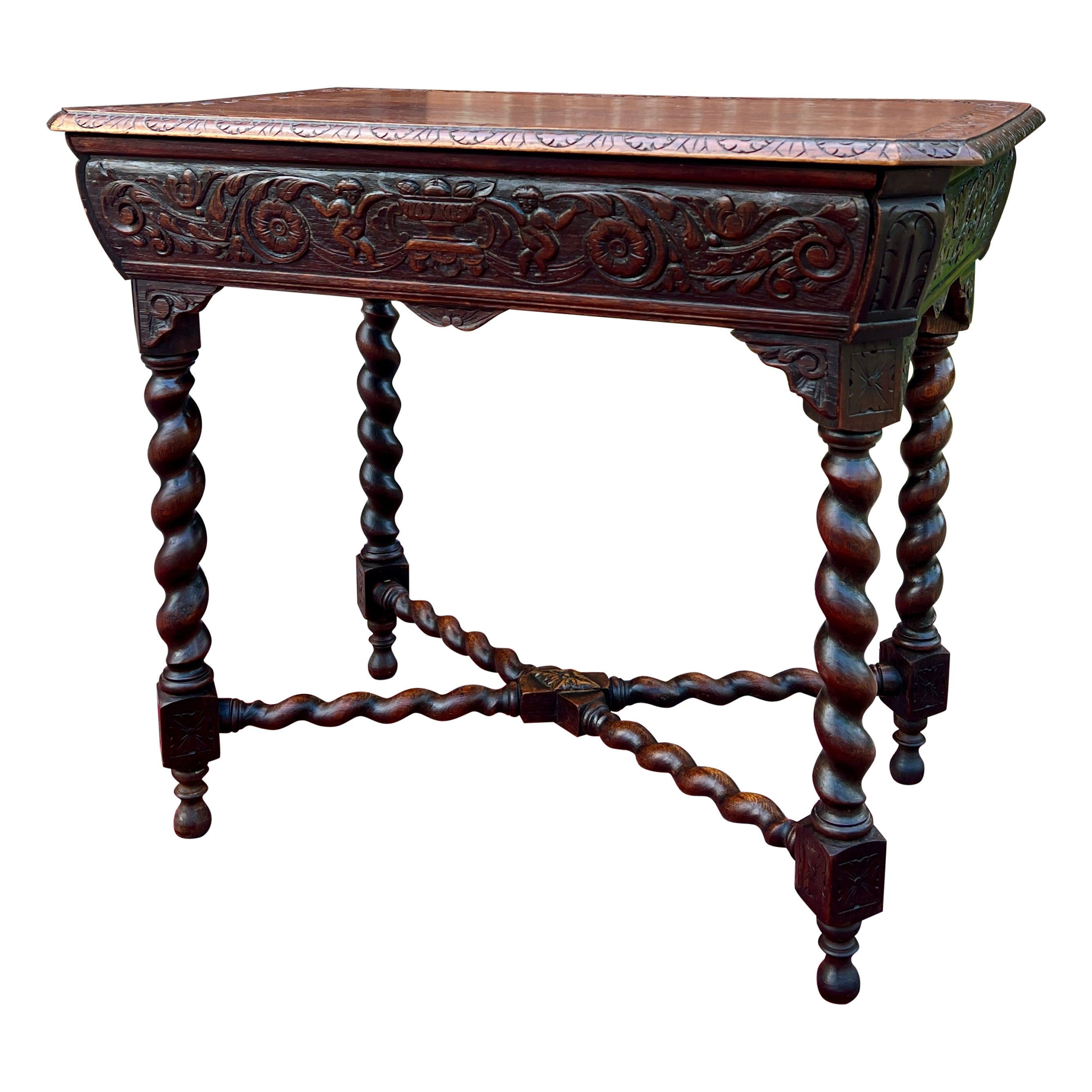 Antique French Parlor Table BARLEY TWIST Renaissance Revival CHERUBS Oak XIXC