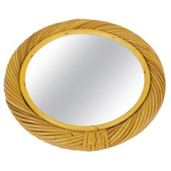 Rattan Wicker Bamboo Wall-Mounted Round Mirror, circa 1960