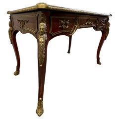 French Louis XV Bureau Plat Leather Top Desk With Mounted Bronze Ormolu