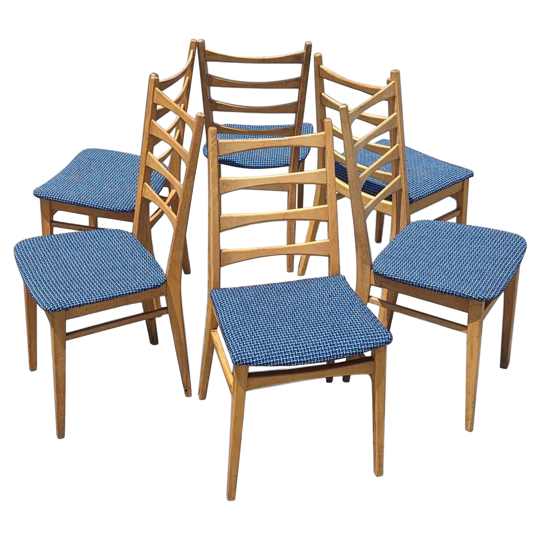 Six Vintage Dining Chairs Ladder Back, Mid Century, Beech Wood, Blue Upholstery