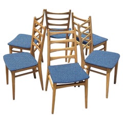 Six Vintage Dining Chairs Ladder Back, Mid Century, Beech Wood, Blue Upholstery
