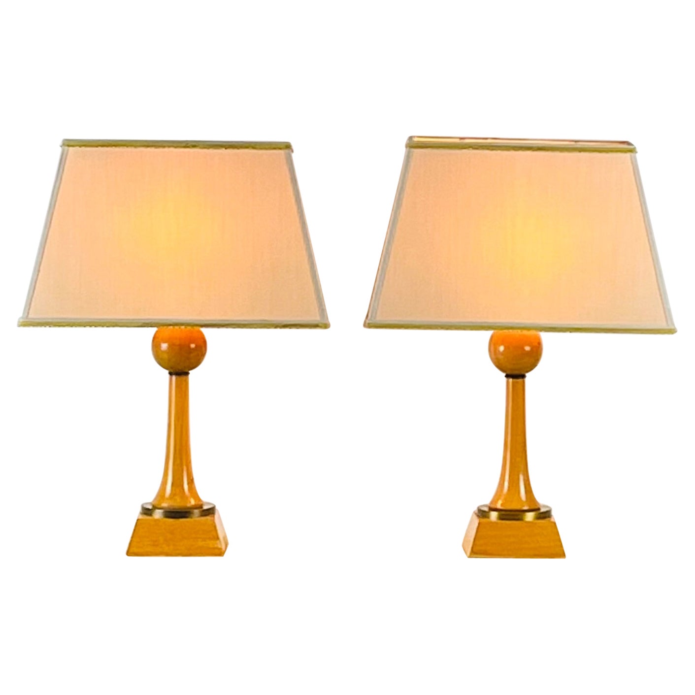 Pair of Chic Sycamore and Gilt Bronze Art Déco Lamps in the Style of André Arbus
