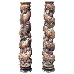 Antique 18th Century Pair Of Columns Hand Carved Wood Painted Flowers