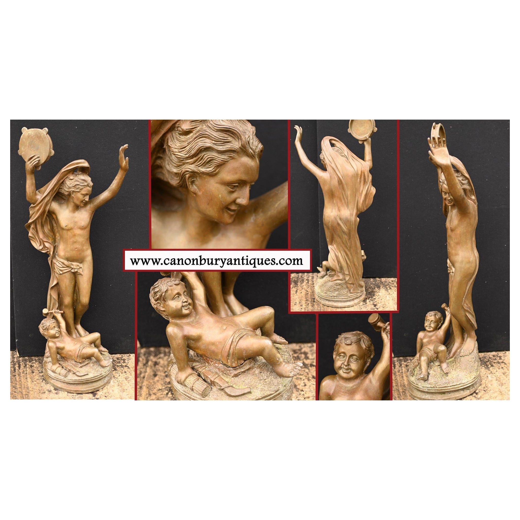 Estatua de Baco de Bronce Querubín Pandereta Figurilla Clásica Romana