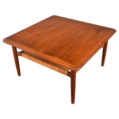 Quadratischer Couchtisch aus Teakholz + Schilfrohr von Gunnar Schwartz