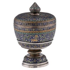 Antike 19. Jahrhundert Thai massivem Silber & Emaille bedeckt Schüssel & Stand c.1880