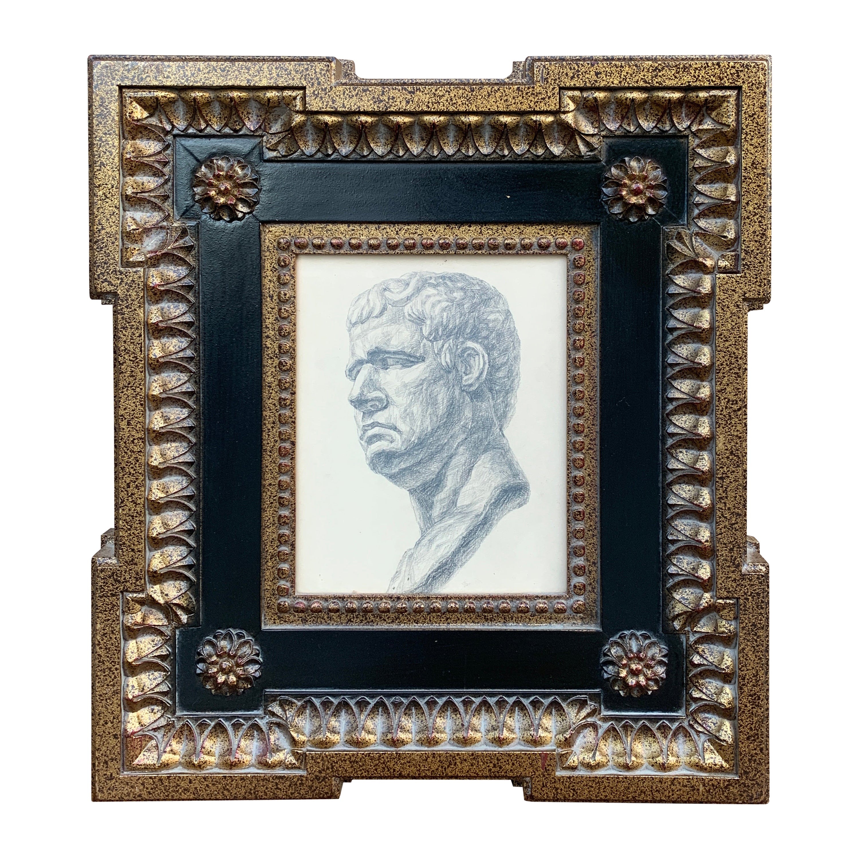 Disegno Grand Tour incorniciato di un busto romano maschile in vendita