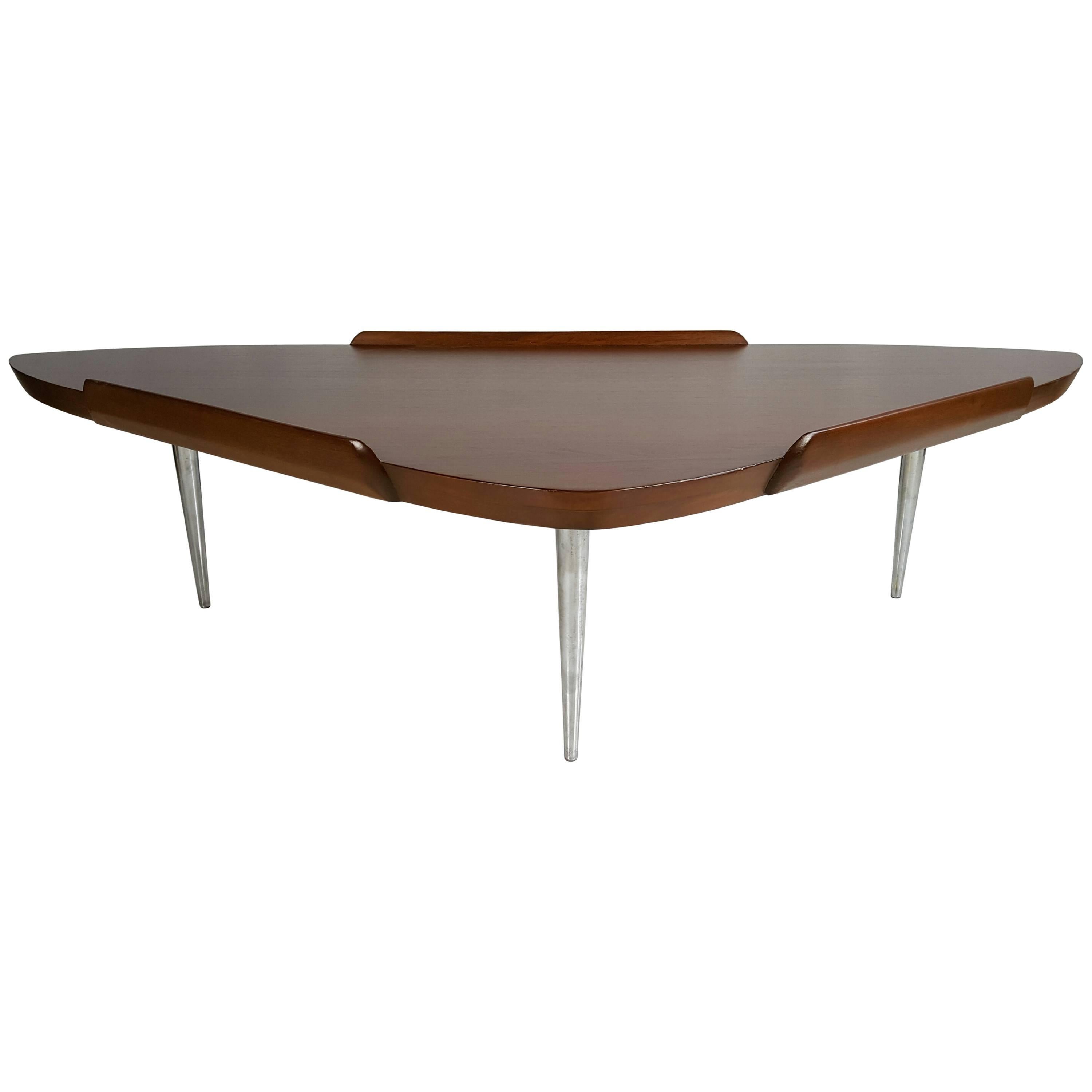 Mid-Century Modern Walnut and Aluminum "Guitar Pick" Cocktail Table