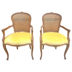 Pair Provincial Style Walnut Cane Back & Velvet Upholstered Seat Bergeres Chairs