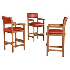Restored Vintage Solid Oak Red Leather Pool Room Billiard Barstools Set of 3