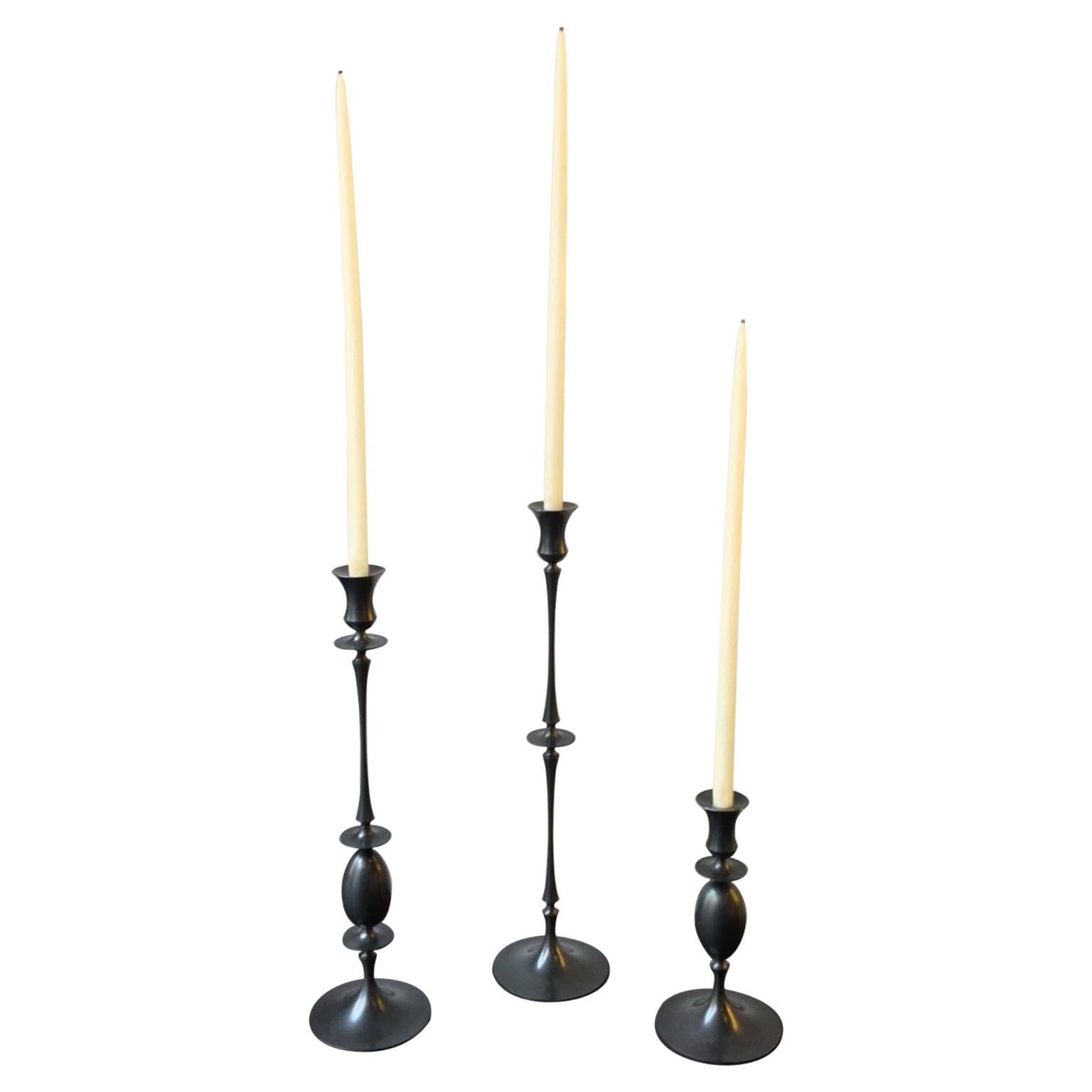 Ted Muehling Biedermeier Candlestick Collection in Oxidized Bronze, Set of Three For Sale