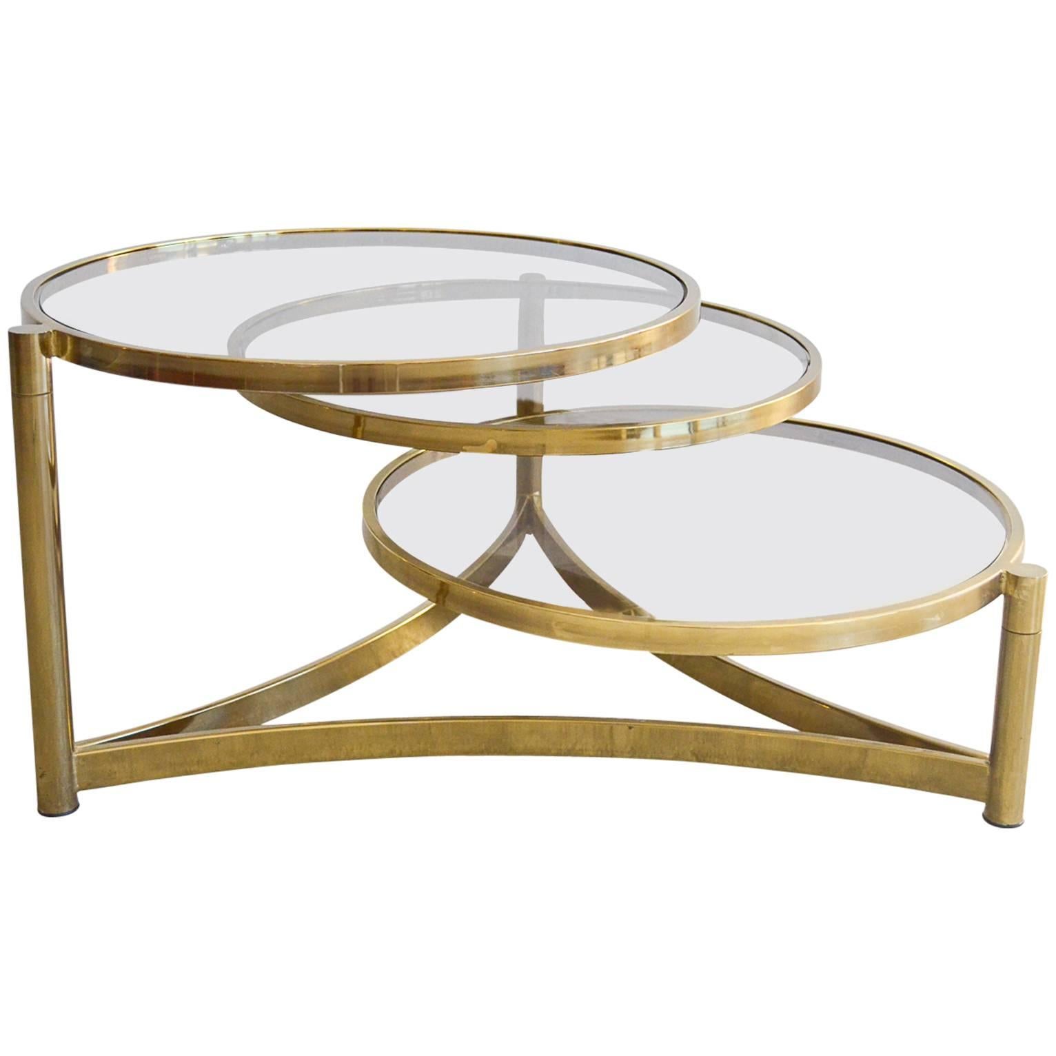 Milo Baughman Tri Level Brass and Glass Swivel Coffee Table