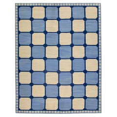Blue Geometric Checkered Handmade Wool Kilim Rug 12'5" X 15'5" #7317
