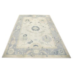 Tapis turc Oushak à fleurs bleues et vertes fait à la main 10'10" x 14'9" n°6846