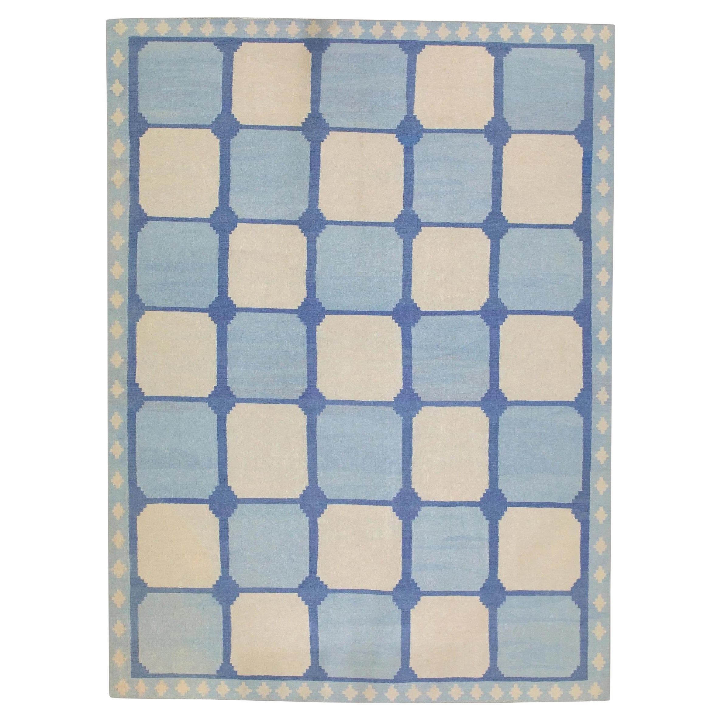 Alfombra Kilim azul de lana tejida a mano 12'2" x 15'8" #6890