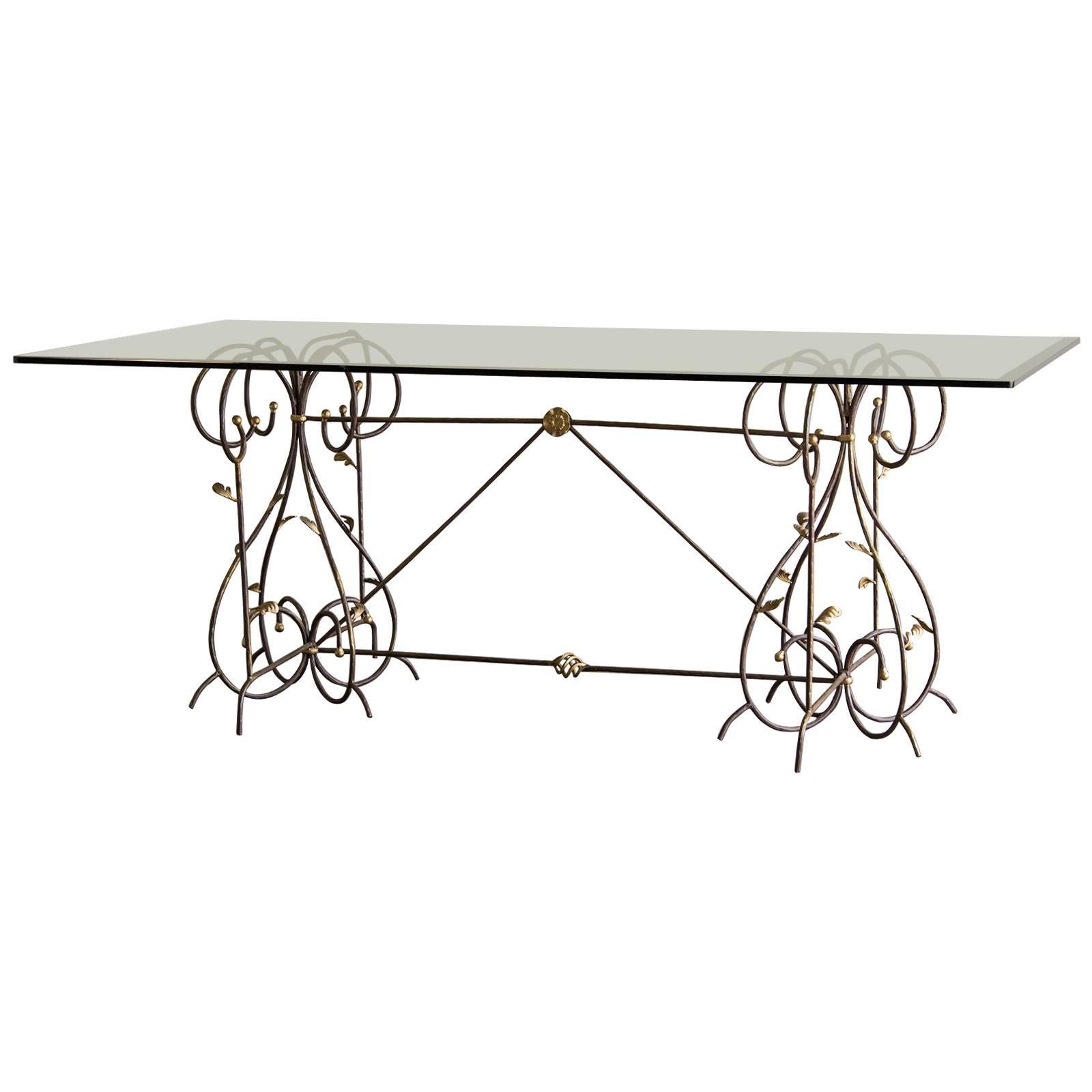 Vintage French Hand Gilded Iron Table, Glass Top at 1stDibs