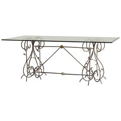Vintage French Hand Forged Gilded Iron Table, Glass Top