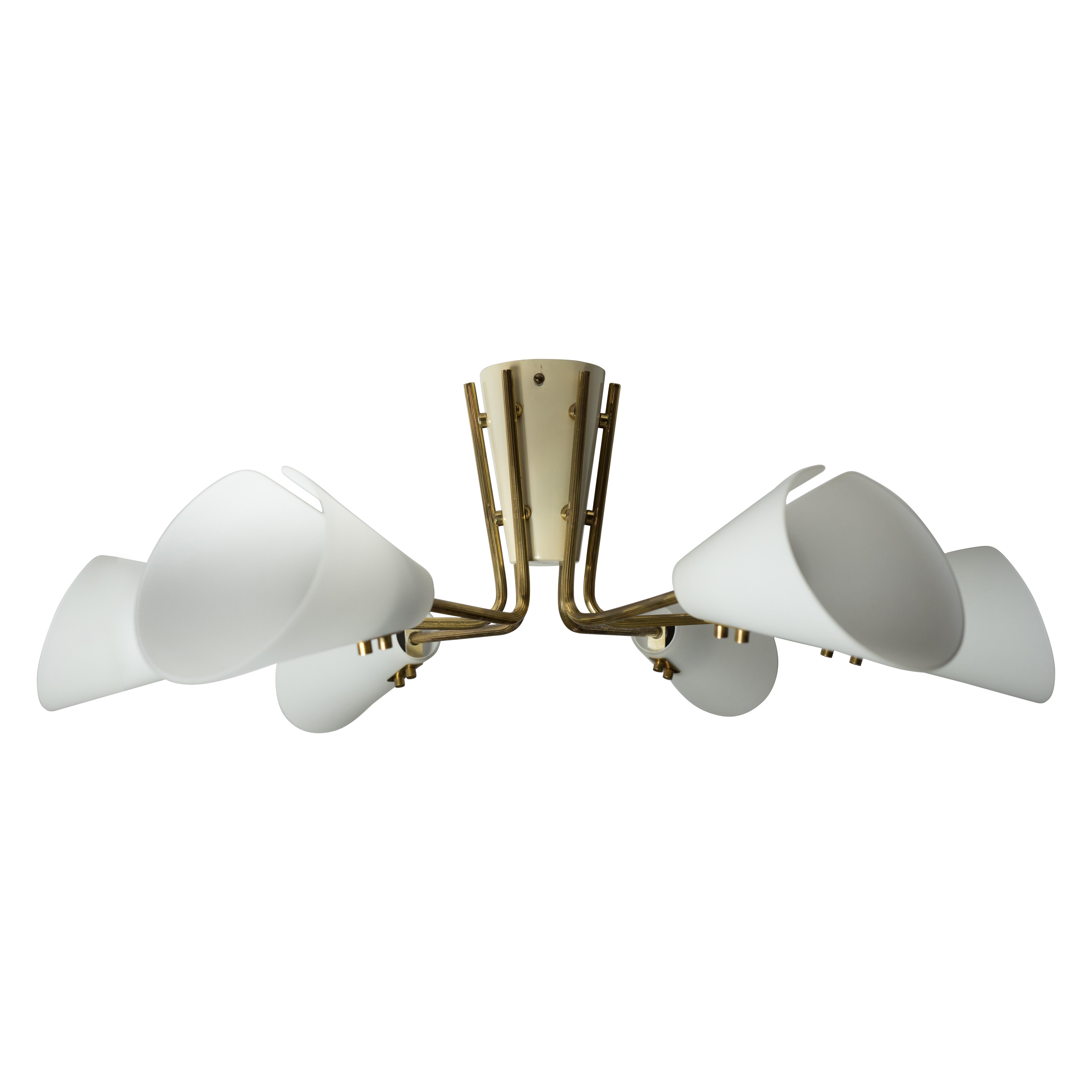 Itsu Brass frame with Opaline Glass Chandelier by Itsu, Finland 1960