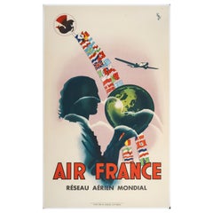 Vinci, Original Air France-Poster, Frau Welt Erde Reisende Fahnen, Art déco 1937