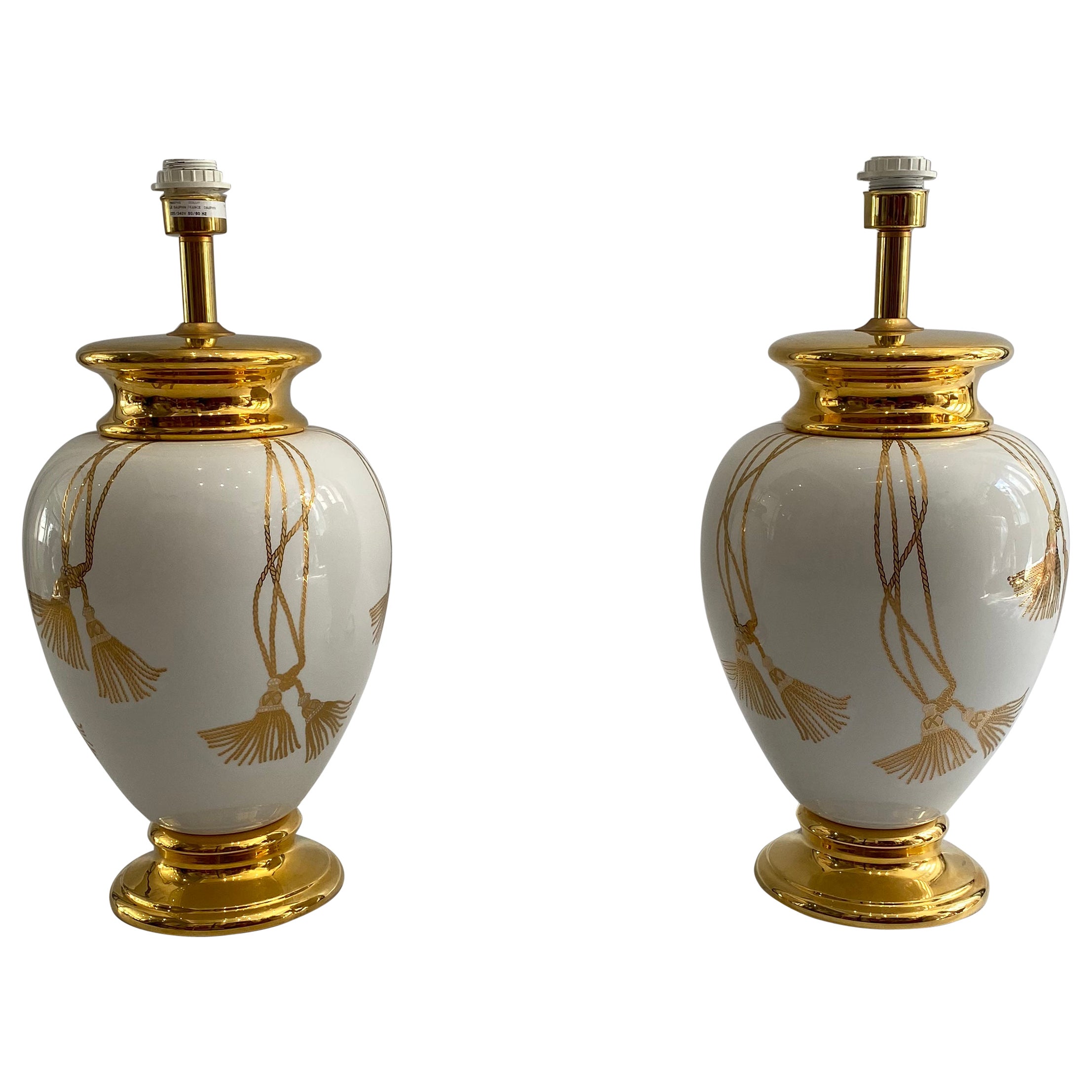Maison Le Dauphin XL Ceramic Gold Table Lamps 1990s Hollywood Regency France