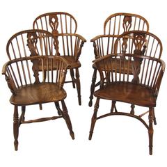 Assembled Set of Four Elm and Hickory Lowback Windsor Armchairs