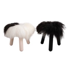 Pair of Finny Stools of American Hardwood, Icelandic Lamb Pelt, Bronze Button