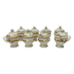 Antique Set of 8 French, Old Paris Porcelain Pot De Creme Individual Dessert Cups