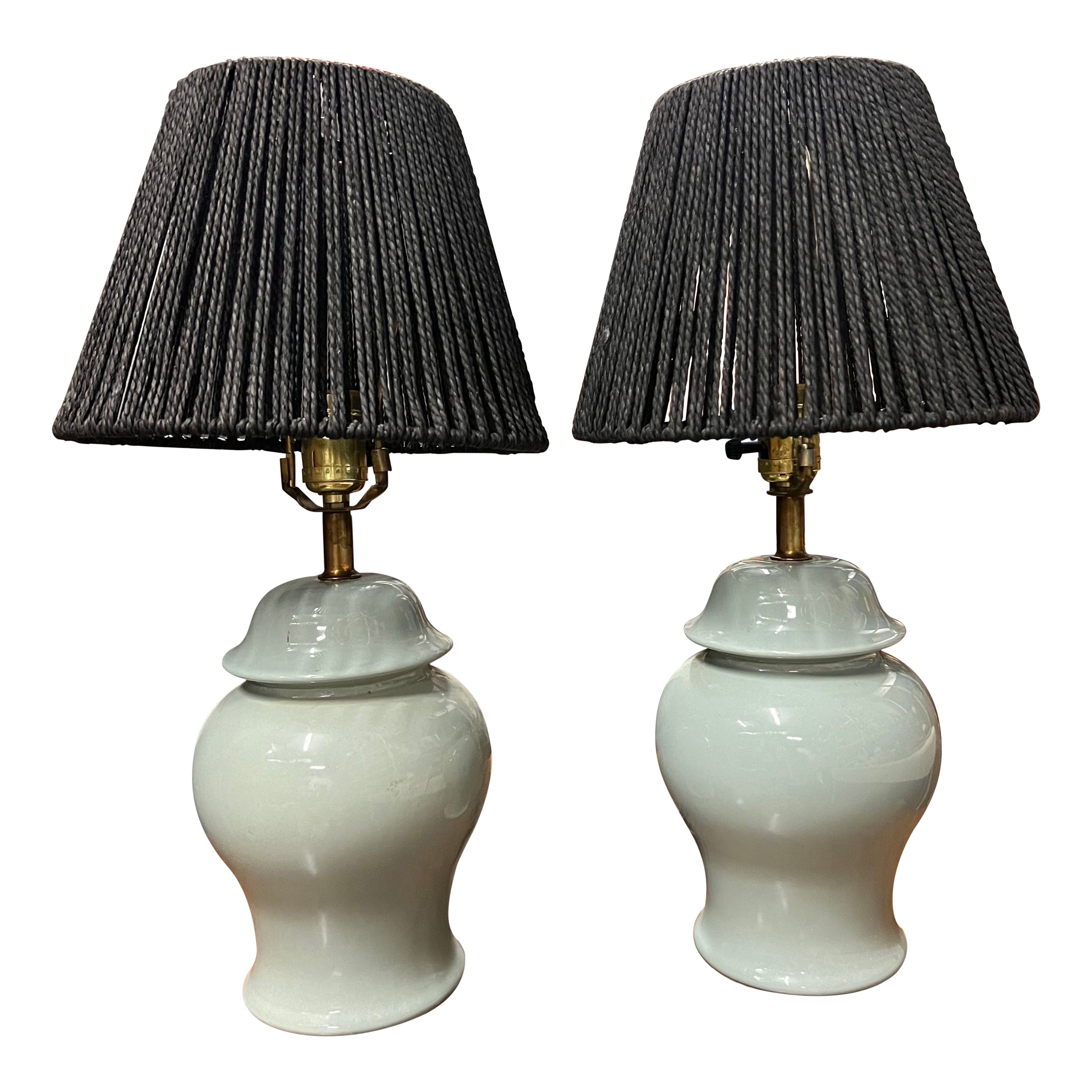 Mid-20th Century Tiffany Blue Table Lamps With Woven Shades - a Pair